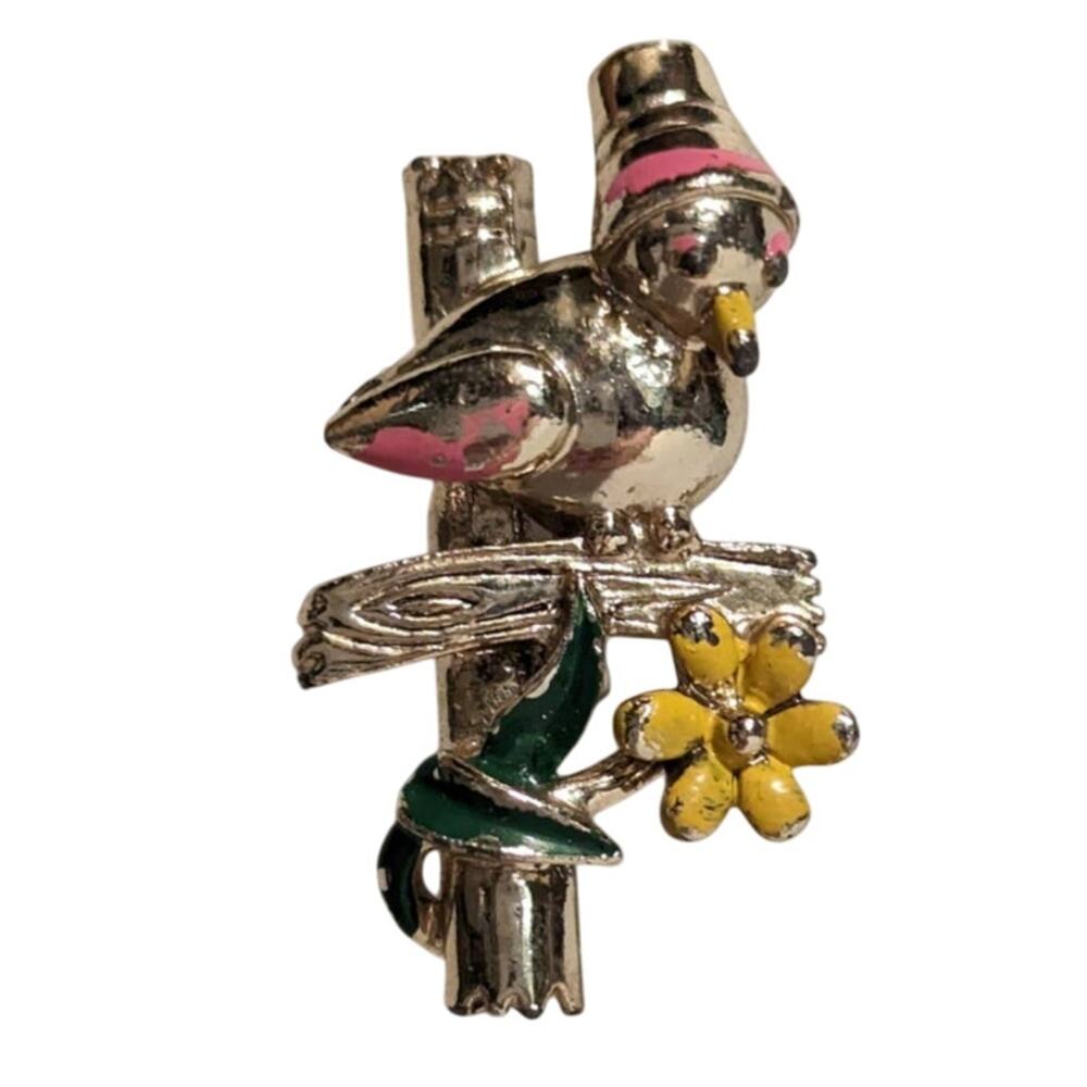Vintage Costume Jewelry Worn Brooch Pin Bird with Bucket Hat Flower Enamelware